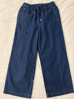 EUC Japanese Wide Leg Drawstring Denim Pants in Dark Blue